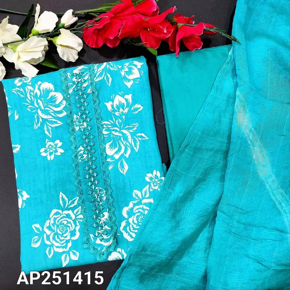 Turquoise blue floral printed semi linen salwar material ap251415-Neidhal