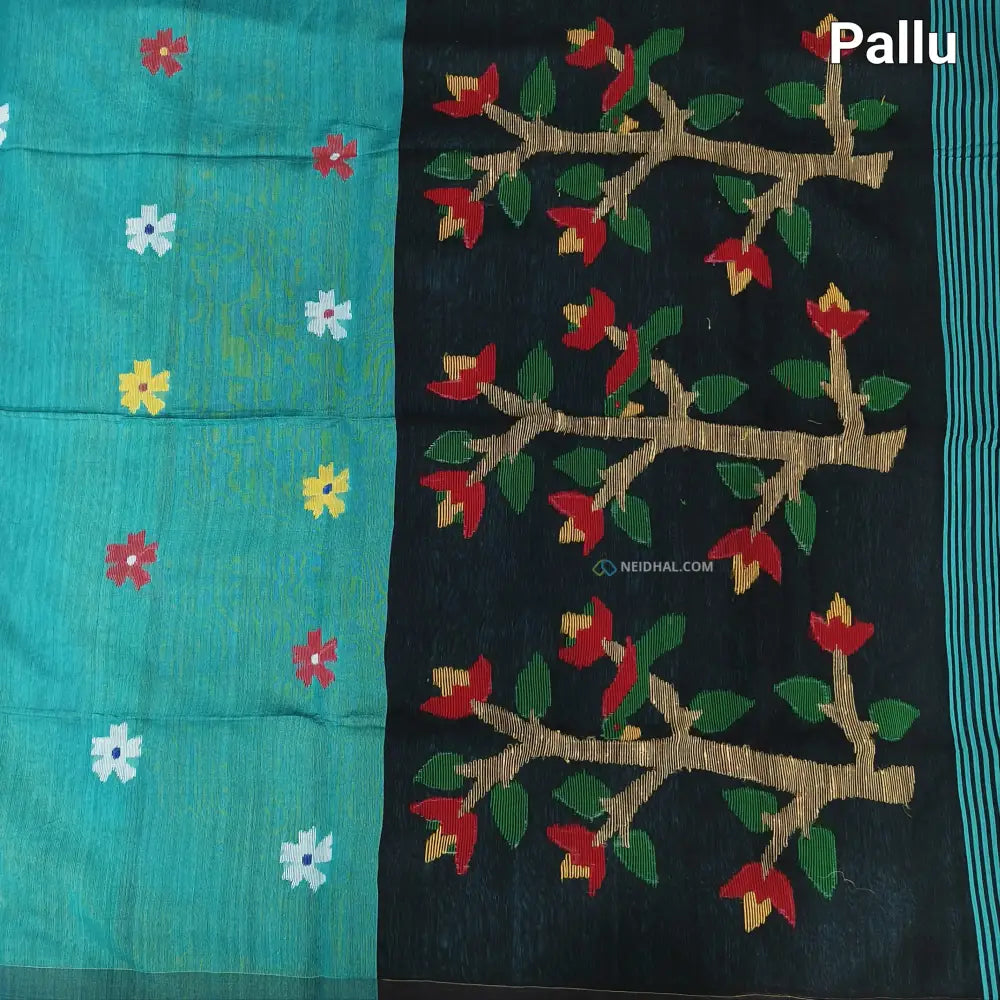 CODE NS13: Light turquoise blue jamdani hand woven soft silk cotton saree(thin& light weight)black hand woven rich