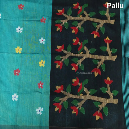CODE NS13: Light turquoise blue jamdani hand woven soft silk cotton saree(thin& light weight)black hand woven rich