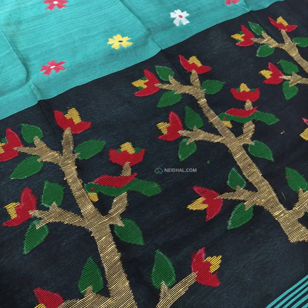 CODE NS13: Light turquoise blue jamdani hand woven soft silk cotton saree(thin& light weight)black hand woven rich