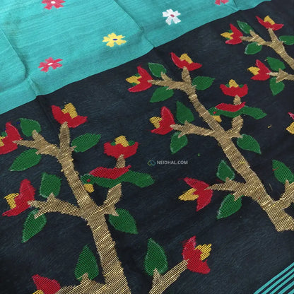 CODE NS13: Light turquoise blue jamdani hand woven soft silk cotton saree(thin& light weight)black hand woven rich