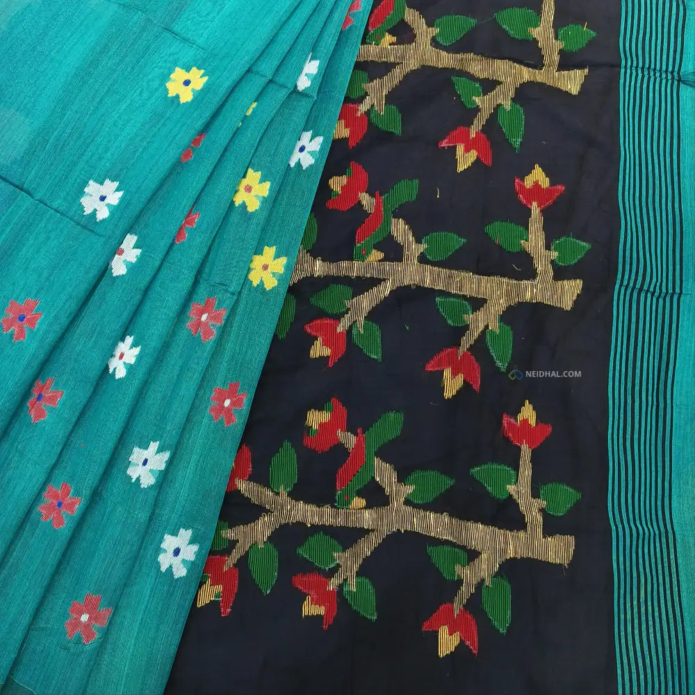CODE NS13: Light turquoise blue jamdani hand woven soft silk cotton saree(thin& light weight)black hand woven rich