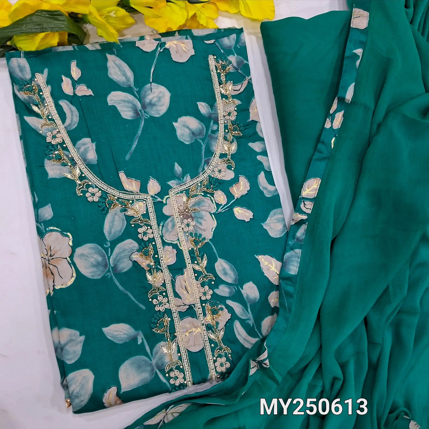 Turquoise blue leafy printed jam cotton salwar material my250613-Neidhal