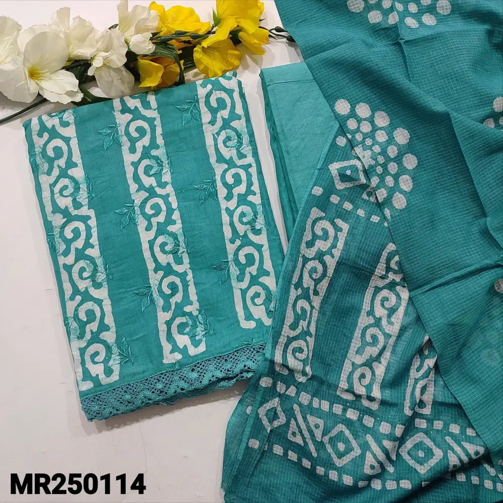 CODE MR250114: Light turquoise blue original wax batik dyed pure cotton unstitched salwar material embroidered on front