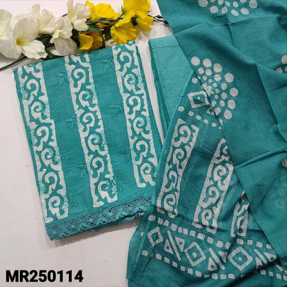 CODE MR250114: Light turquoise blue original wax batik dyed pure cotton unstitched salwar material embroidered on front