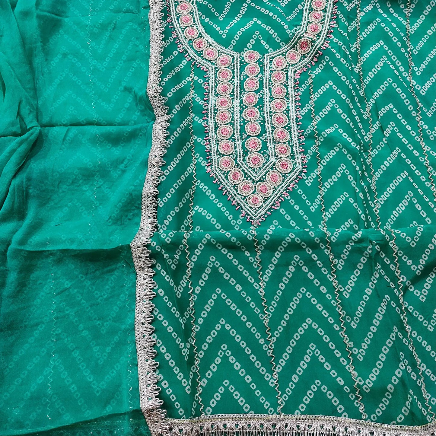 Turquoise green bandhini printed organza salwar material mr251403-Neidhal