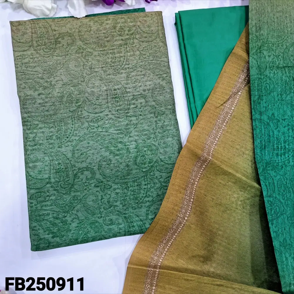 CODE FB250911: Turquoise green& beige digital printed fancy jute silk unstitched salwar material(thin fabric lining