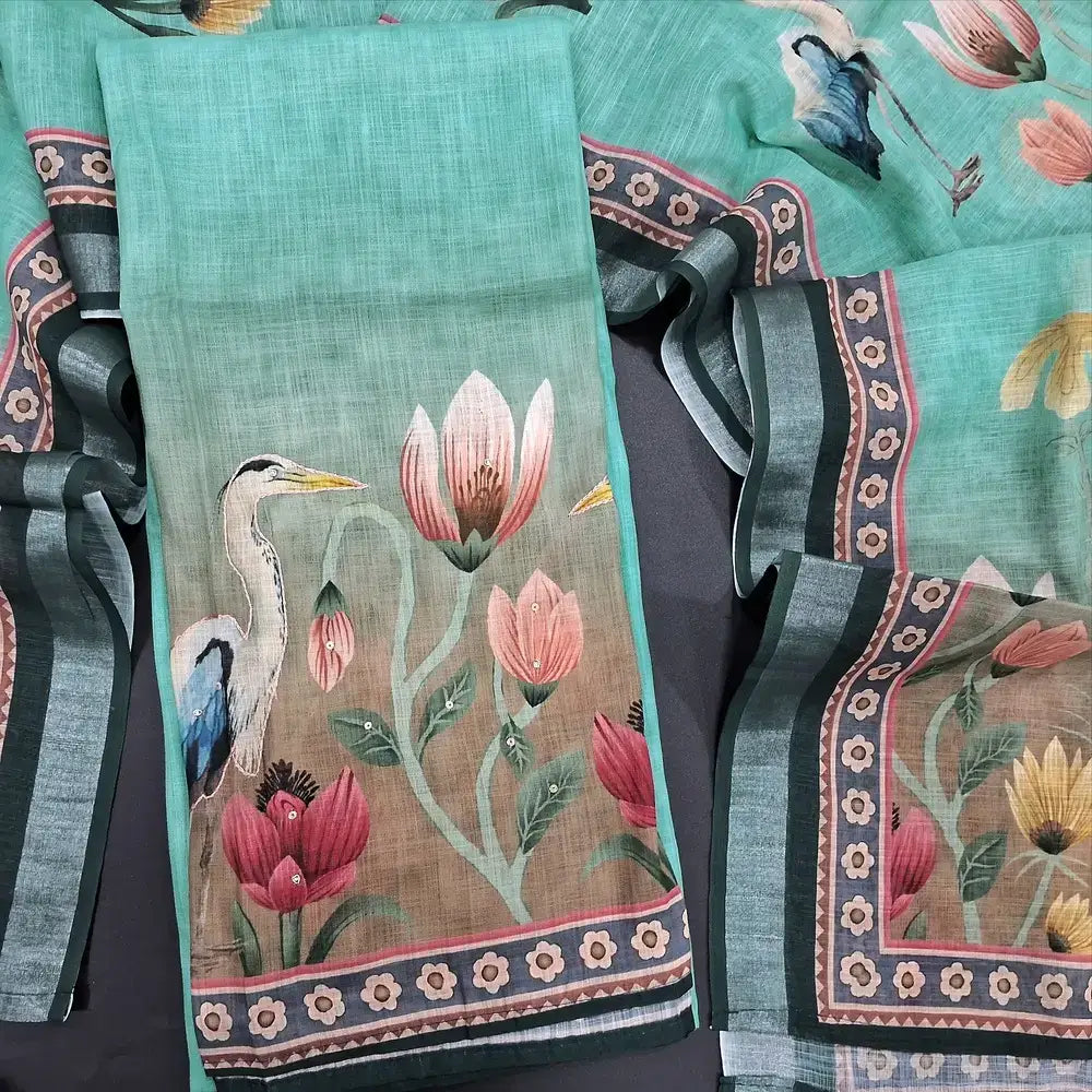 Turquoise green digital printed semi linen salwar material jl250517-Neidhal