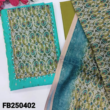 CODE FB250402: Turquoise green fancy silk cotton unstitched salwar material bead& sequins work on yoke(thin fabric