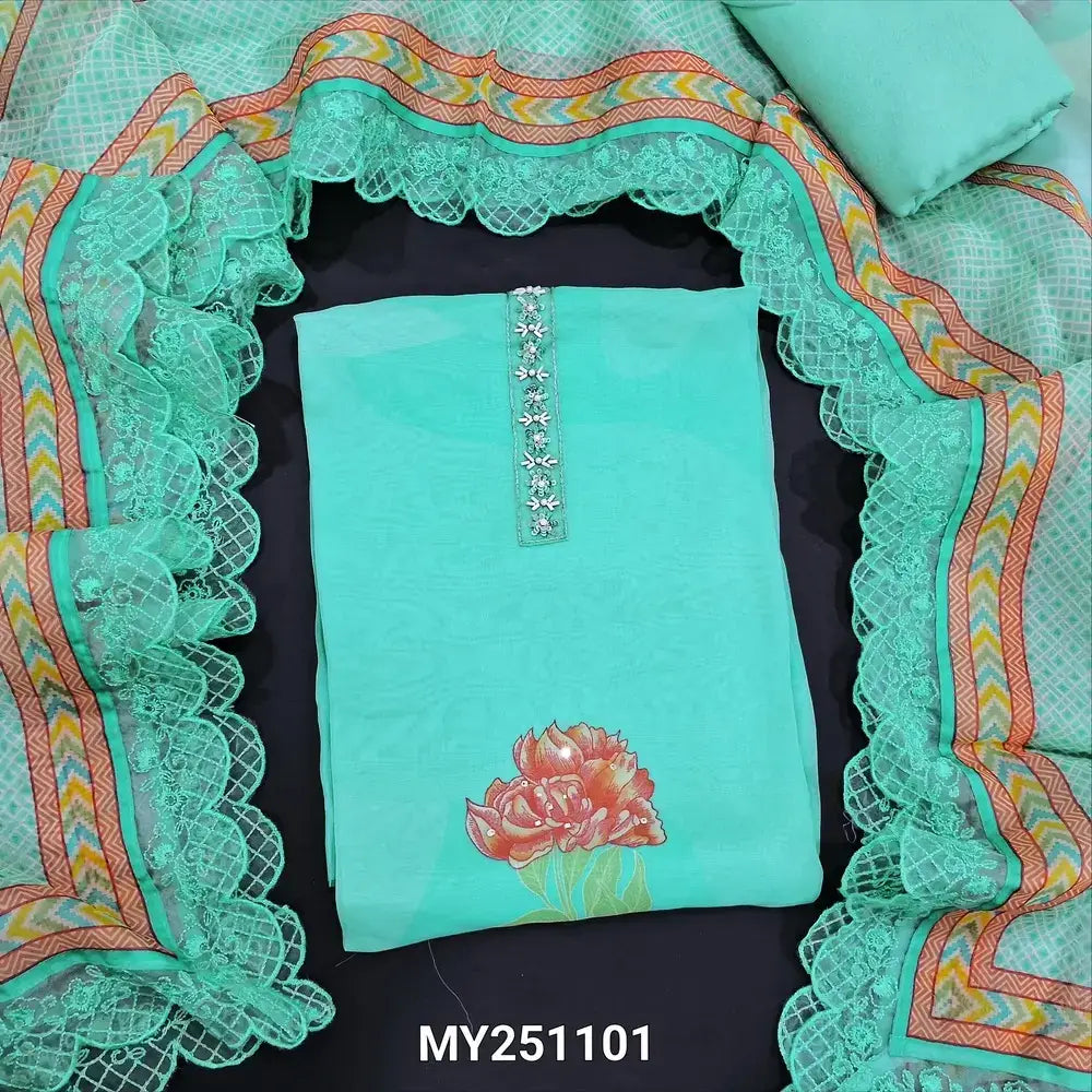 Turquoise green floral printed organza salwar material my251101-Neidhal