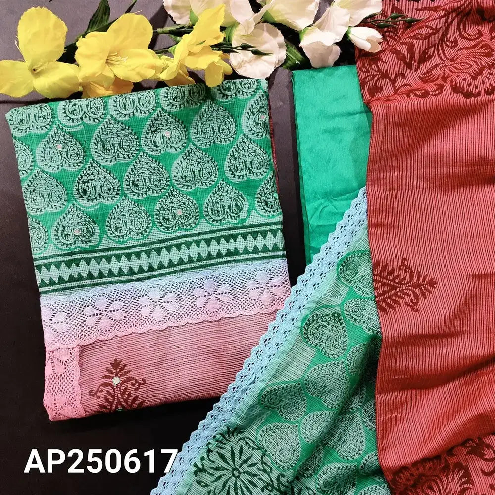 Turquoise green onion pink block printed fancy kota salwar material ap250617-Neidhal