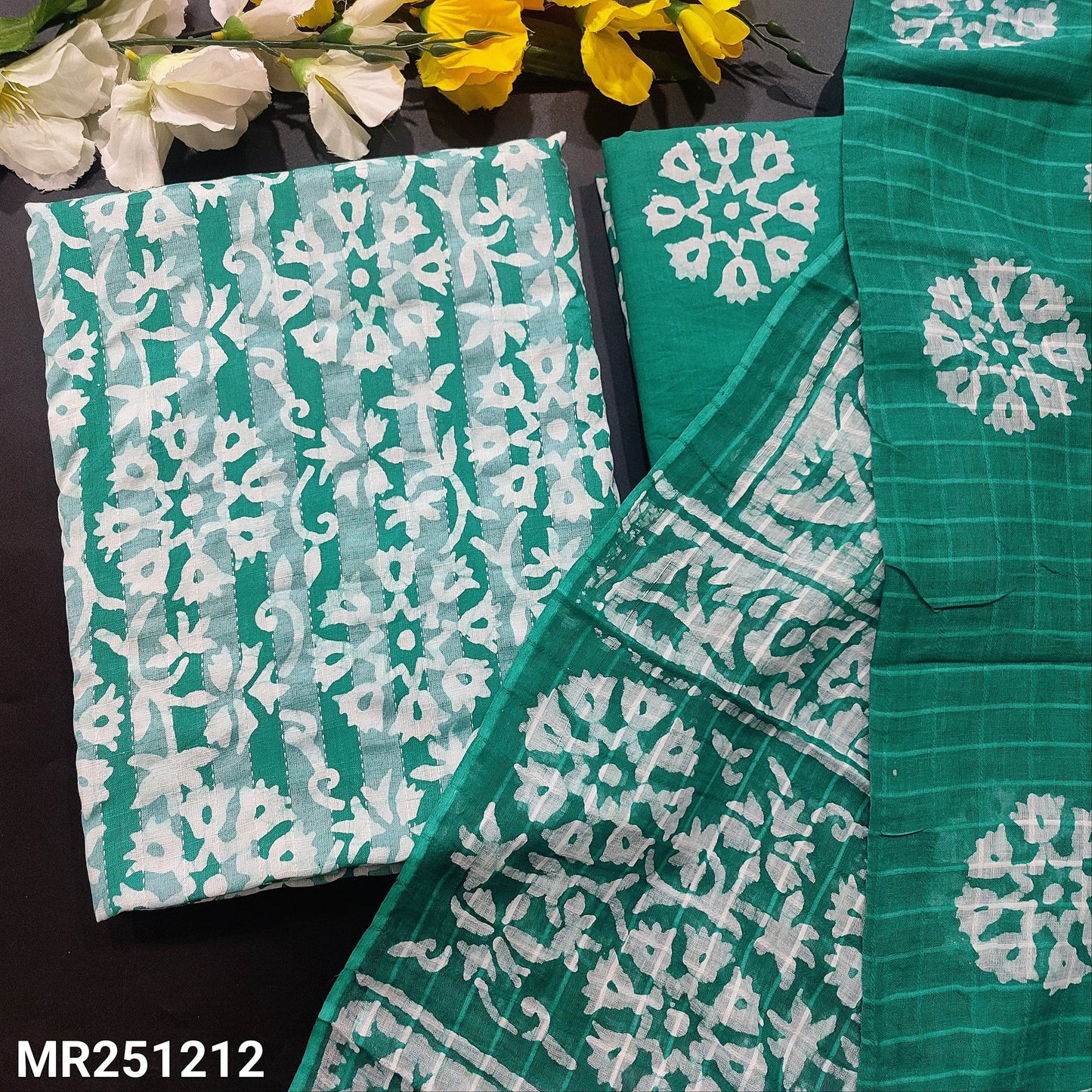 Turquoise green original wax batik kantha cotton salwar material mr251212-Neidhal