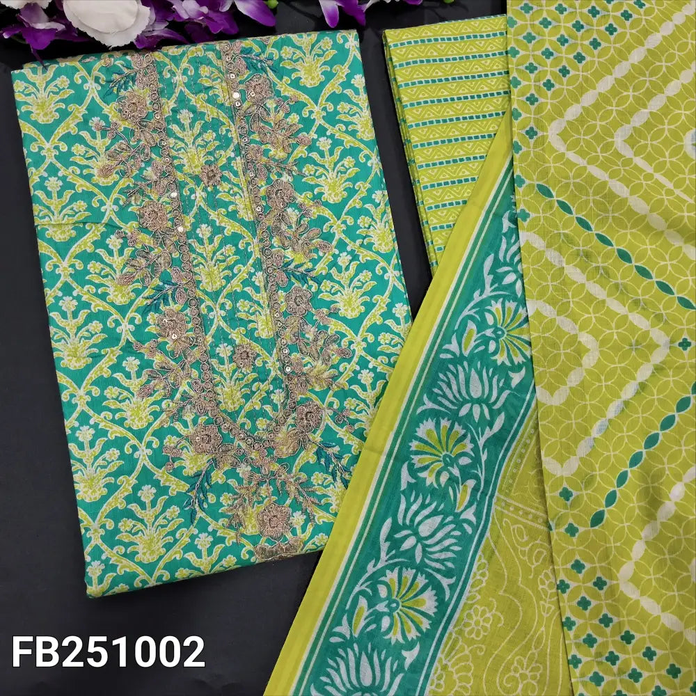 CODE FB251002: Turquoise green premium soft cotton unstitched salwar material zari& sequins work on yoke(lining