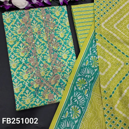 CODE FB251002: Turquoise green premium soft cotton unstitched salwar material zari& sequins work on yoke(lining