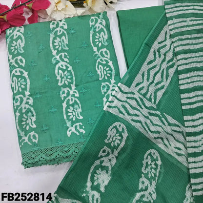 CODE FB252814: Turquoise green original wax batik dyed pure cotton unstitched salwar material embroidered on front lace