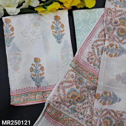 CODE MR250121: White hand block printed premium cotton unstitched salwar material applique work on front(thin fabric