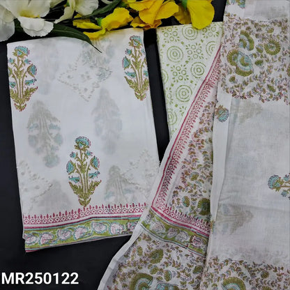 CODE MR250122: White hand block printed premium cotton unstitched salwar material applique work on front(thin fabric