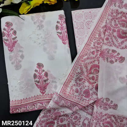 CODE MR250124: White hand block printed premium cotton unstitched salwar material applique work on front(thin fabric