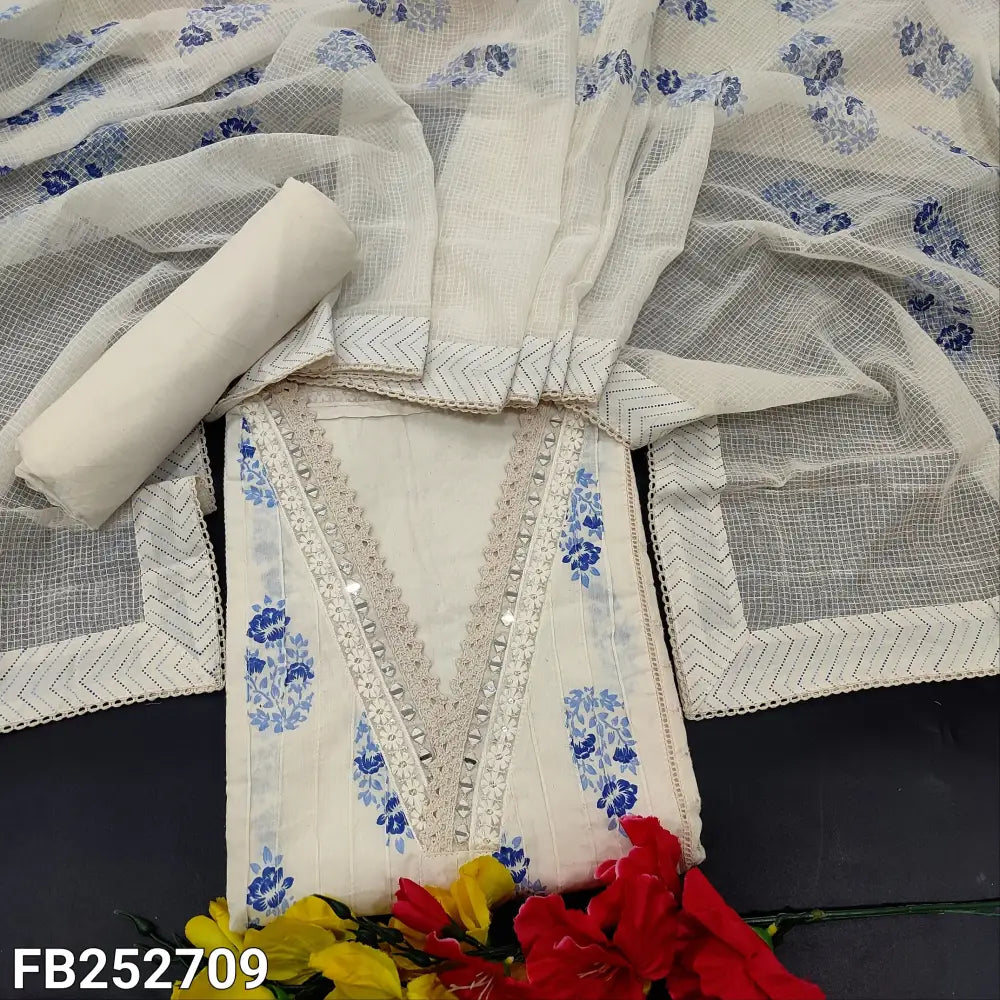 CODE FB252709: Half white BLUE block printed premium cotton unstitched salwar material collared v neck with real mirror