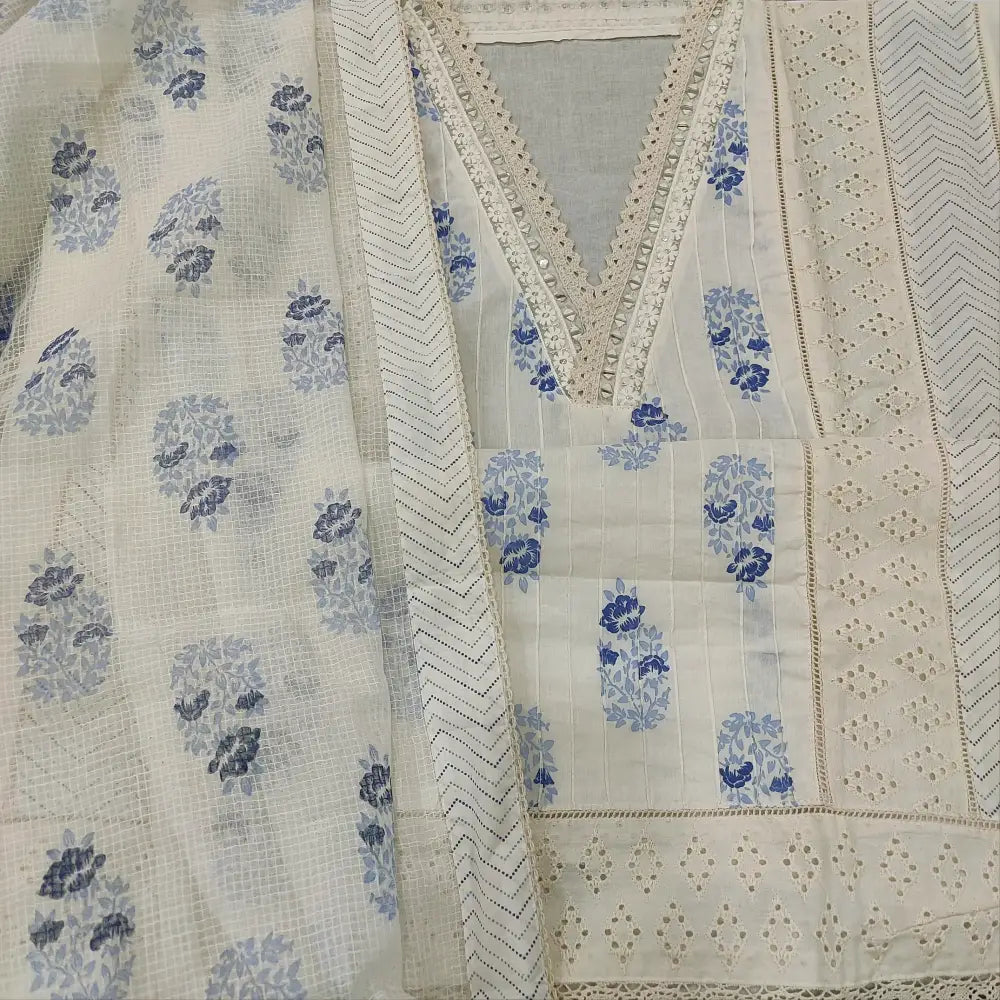 CODE FB252709: Half white BLUE block printed premium cotton unstitched salwar material collared v neck with real mirror