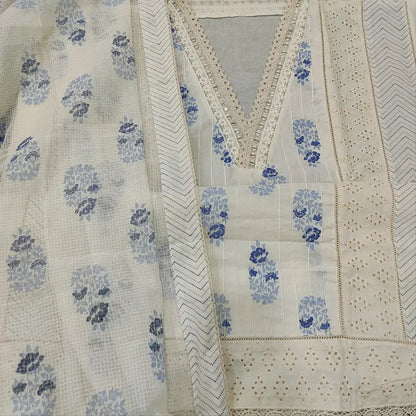 CODE FB252709: Half white BLUE block printed premium cotton unstitched salwar material collared v neck with real mirror
