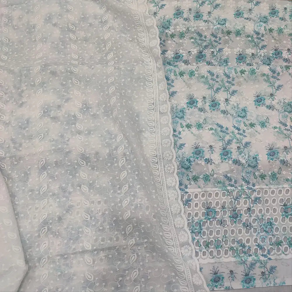 CODE FB250811: White floral printed glazed cotton unstitched salwar material self embroidered on front(thin fabric