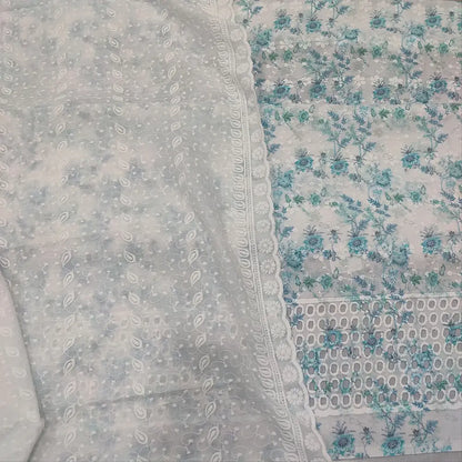 CODE FB250811: White floral printed glazed cotton unstitched salwar material self embroidered on front(thin fabric