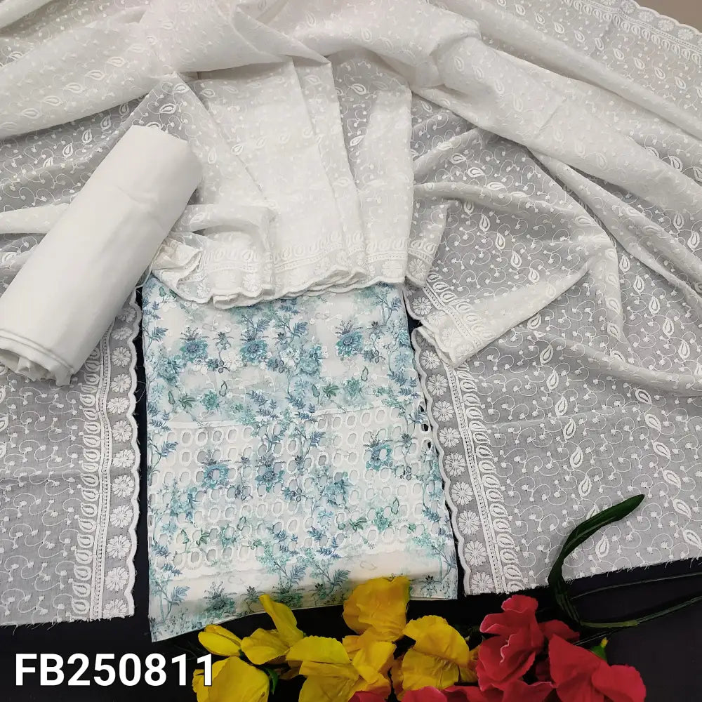 CODE FB250811: White floral printed glazed cotton unstitched salwar material self embroidered on front(thin fabric