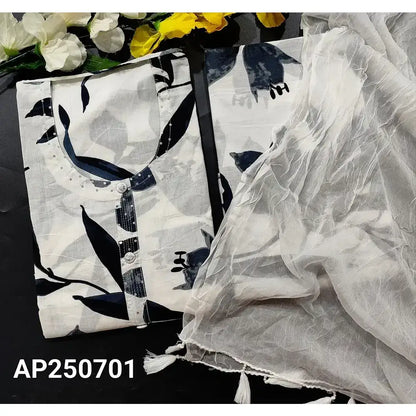 White printed cotton salwar material with sequin yoke work with chiffon dupatta