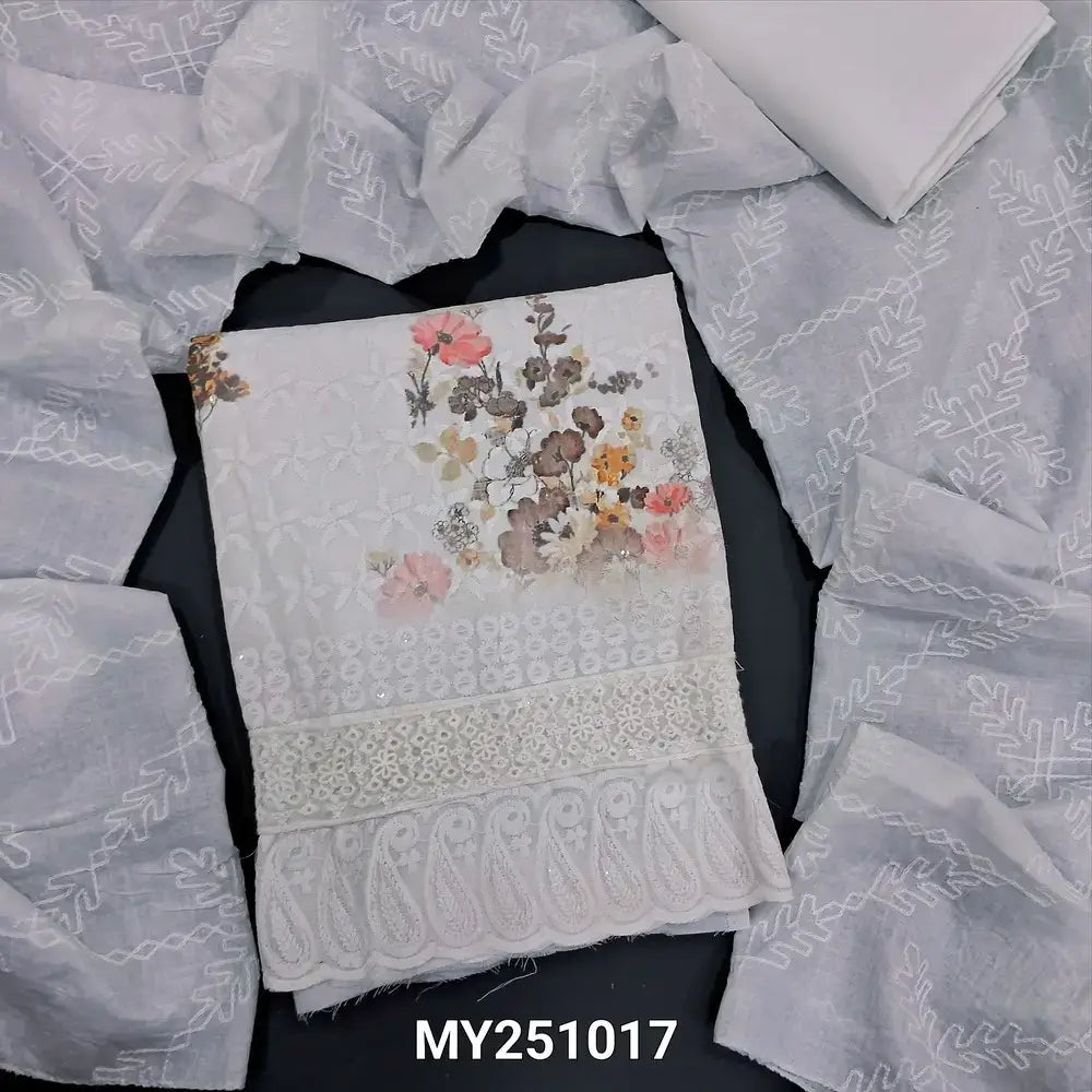 White self embroidered floral printed cotton salwar material my251017-Neidhal