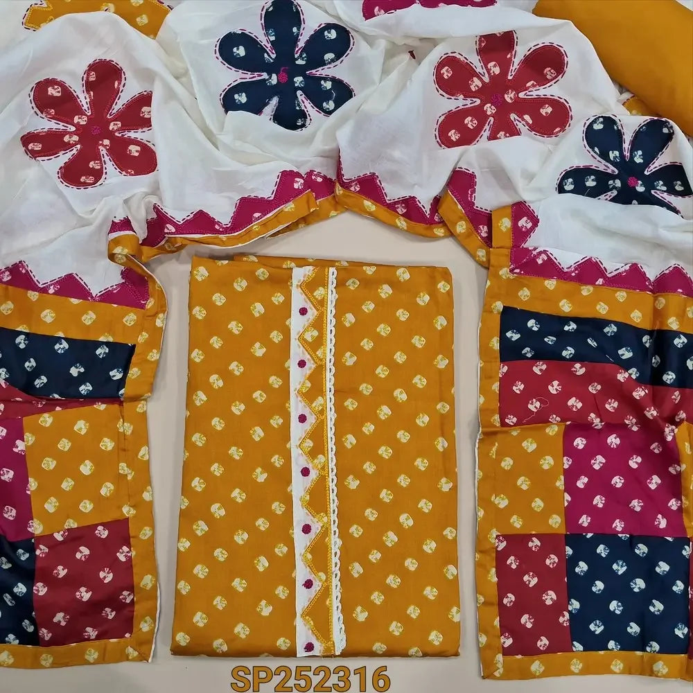 Yellow bandhini printed satin cotton salwar material SP252316-Neidhal