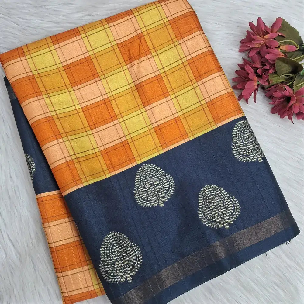 Yellow checkered printed chappa silk saree ns228-Neidhal