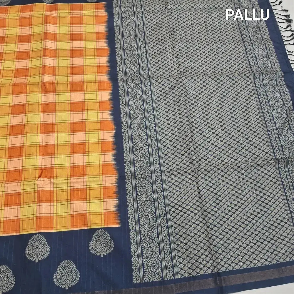 Yellow checkered printed chappa silk saree ns228-Neidhal