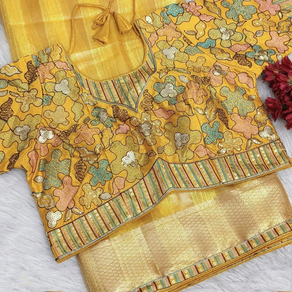 Yellow organza saree with zari borders ns182-Neidhal