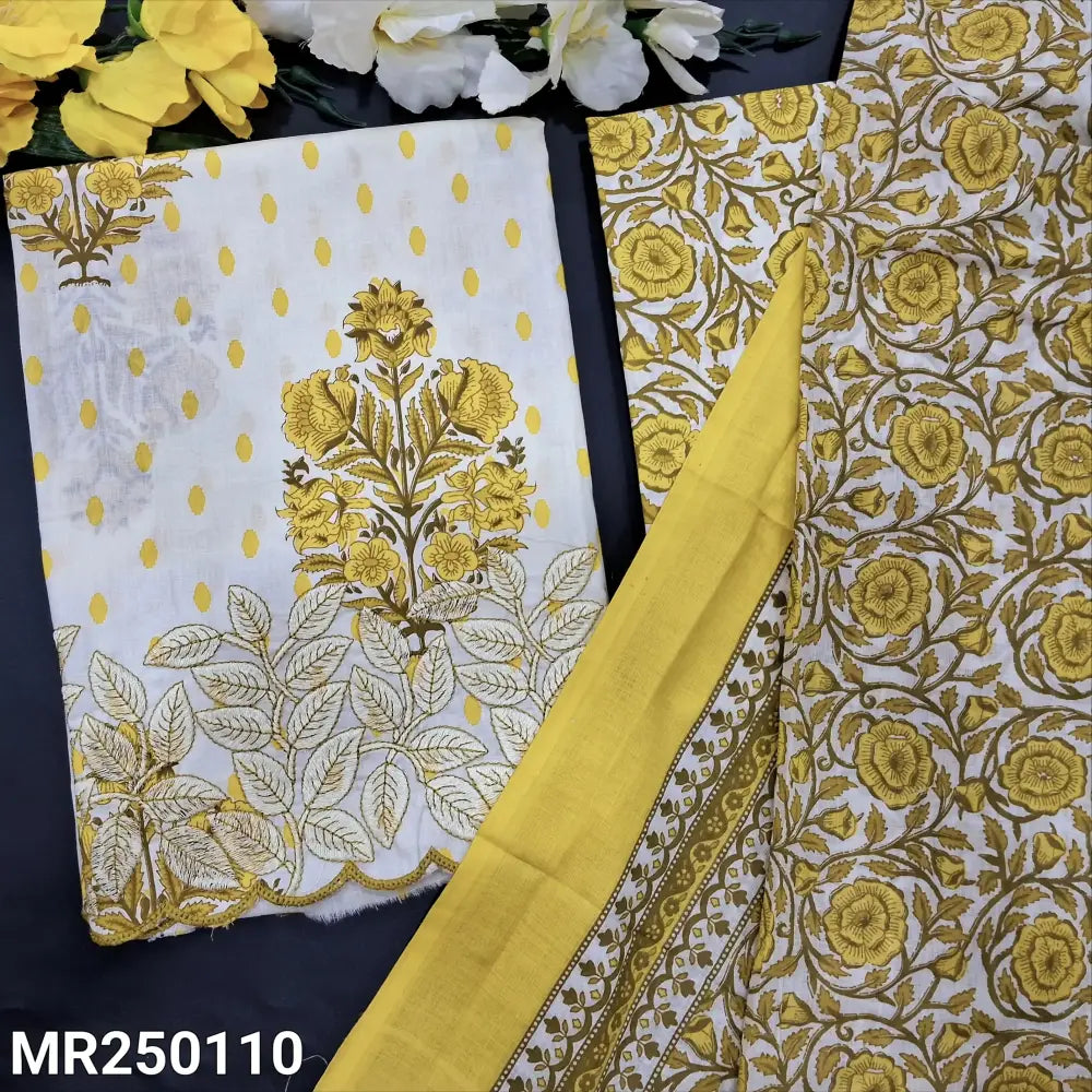 CODE MR250110: Pale yellow printed soft cotton unstitched salwar material embroidered on daman(thin fabric lining