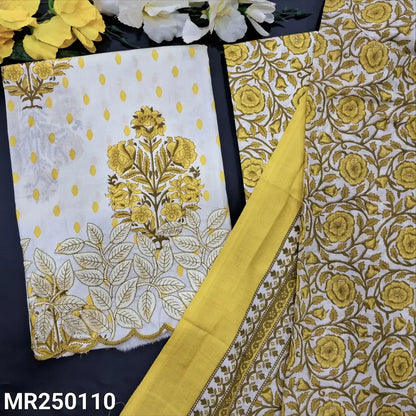 CODE MR250110: Pale yellow printed soft cotton unstitched salwar material embroidered on daman(thin fabric lining