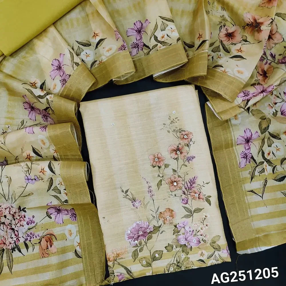 Yellowish beige floral printed semi gicha salwar material ag251205-Neidhal