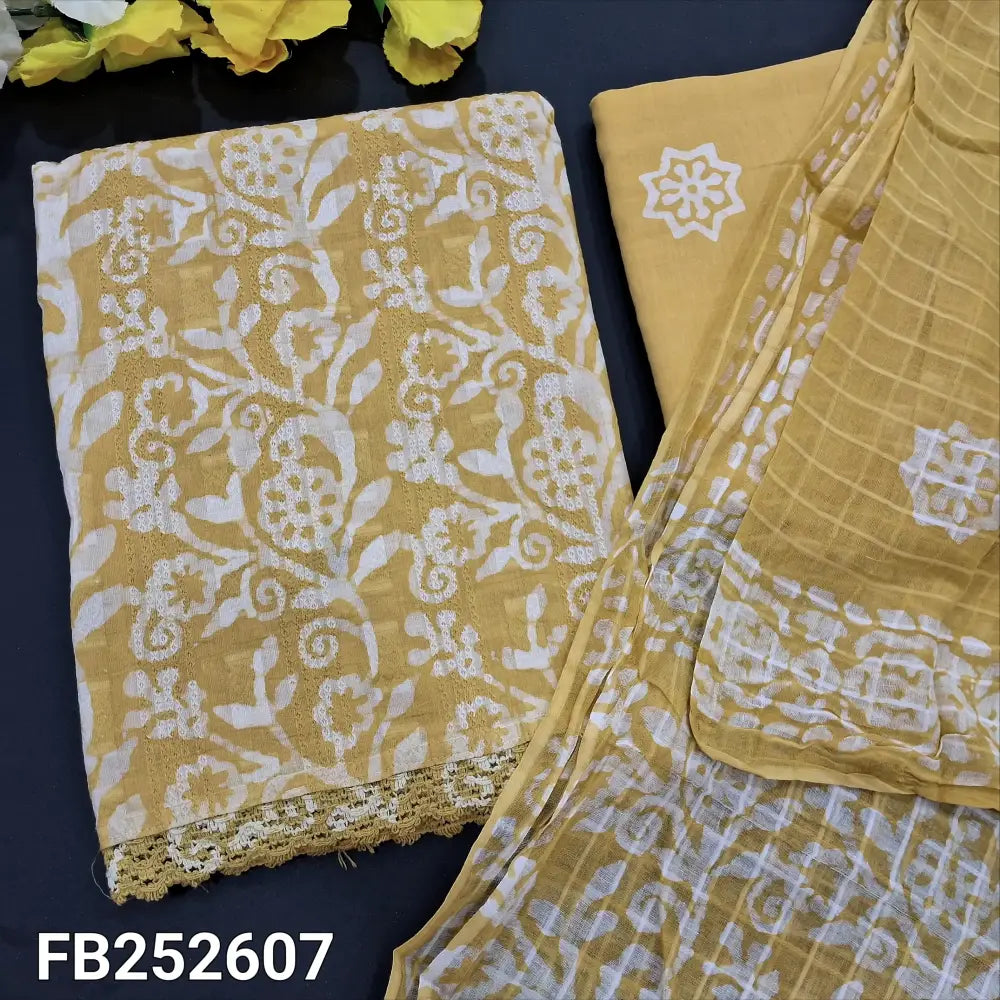 CODE FB252607: Yellowish beige original wax batik dyed pure jakard cotton unstitched salwar material lace work