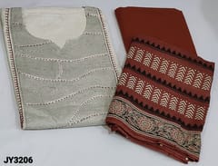 CODE JY3206 : Light Ivory Base Jute Flex Cotton unstitched salwar material(soft fabric lining optional) round notched neck, printed yoke highlighted with kantha stich detailing, Maroon Cotton bottom, Premium Pure Printed mul cotton dupatta