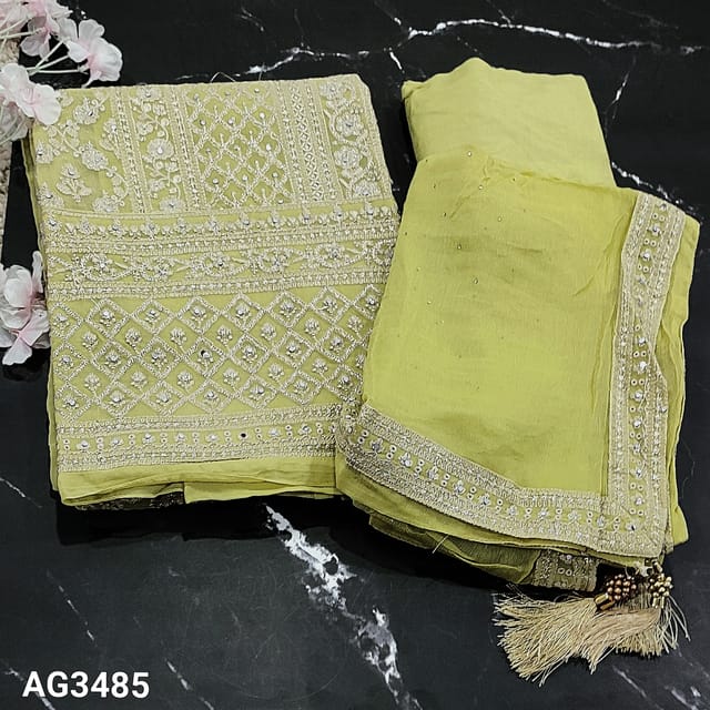 Unstitched Banarasi Cotton Thread Work Churidar Suit In Mustard Colour