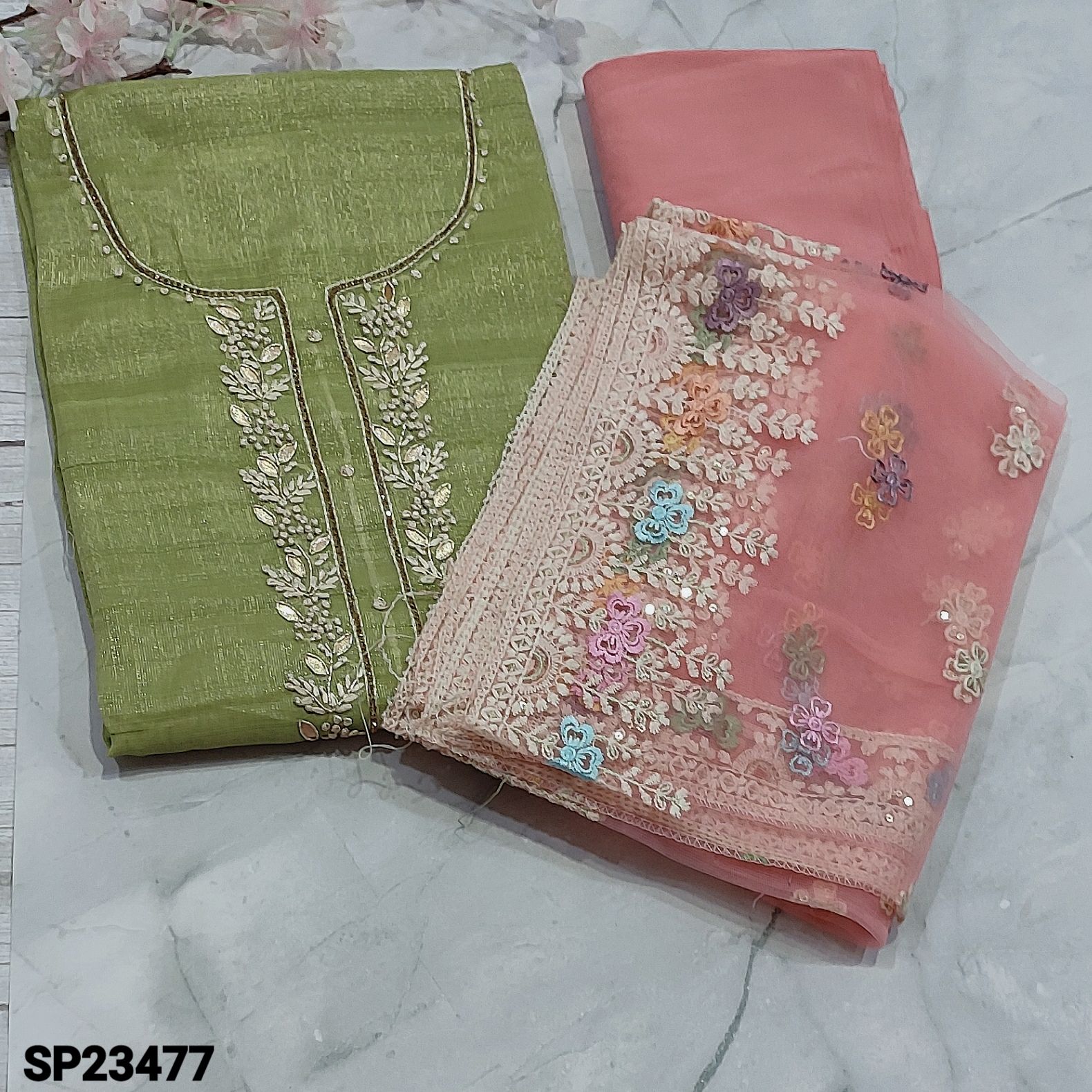 CODE SP23477 : Light Green with Golden Tint Tissue Silk Cotton Unstitched  Salwar material(light weight, thin fabric, lining needed) with thread and