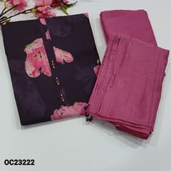 CODE OC23222 :  Dark Purple Floral printed Fancy Silk Cotton Unstitched Salwar material(lining needed)fancy buttons on yoke, prints with zari work on front, pink silk cotton bottom, thread and tiny sequins work on soft silk cotton dupatta.