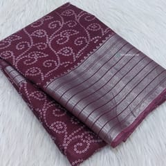 CODE WS956 : Dark beetroot purple bandhani printed fancy silk cotton saree with silver zari woven double side borders, zari woven and printed pallu,running blouse with borders.