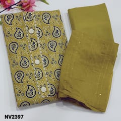 CODE NV2397: Mehandhi Green  Ajrak Printed Soft Pure cotton unstitched Salwar material (thin fabric, lining optional) Fancy buttons on yoke, Matching cotton Bottom, Soft Silk cotton dupatta with tapings.