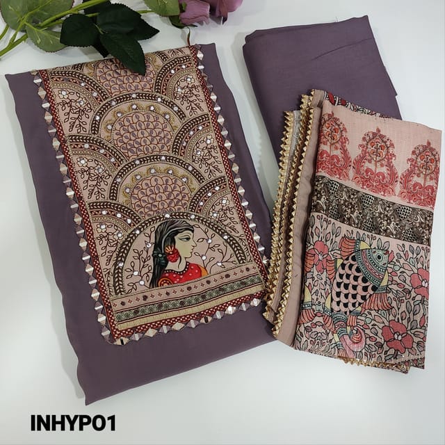CODE INHYP01 : Light Purple Silk Cotton  unstitched Salwar material(Soft,lining needed)digital printed yoke patch highlighted with zari,faux mirror&real mirror outline,Matching Spun Cotton Bottom,printed silk cotton dupatta with tapings.