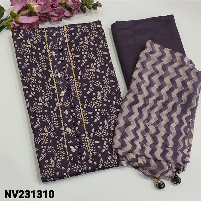 CODE NV231310 : Dark purple floral printed satin cotton unstitched salwar  material, potli buttons and real mirror work on yoke along with gota lace  work, matching soft spun cotton bottom, zig zag