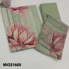 CODE NV231605 : Pastel green spun cotton unstitched salwar material (soft and lightweight fabric, lining needed),abstract print all over, matching silky fabric for bottom, fancy chiffon floral printed dupatta.READ PRODUCT DESCRIPTION FOR DETAILS.