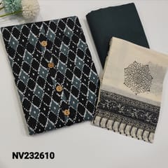 CODE NV232610 :Black pure soft kantha cotton unstitched Salwar material(thin and soft fabric, lining optional) Simple Star wooden Buttons on Yoke, printed all over, Dark Grey Cotton Bottom, block printed mul cotton dupatta with applique work and borders