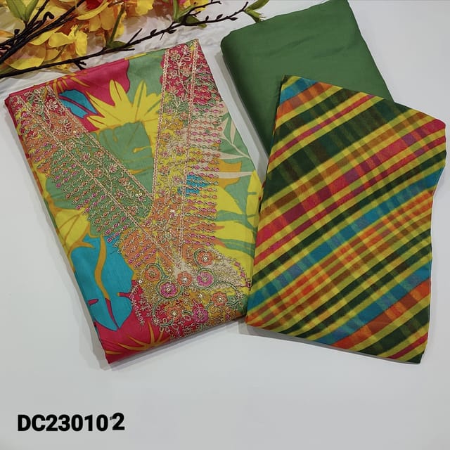 CODE DC230102 :  Multi Colored Premium Satin Cotton unstitched Salwar material(soft fabric, lining optional ) V Neck line with zari, sequins and thread work, Cement Green Spun cotton bottom, Multicolored Block Printed Chiffon Dupatta,