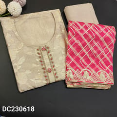 CODE DC230618 : Designer Beige Tissue silk cotton unstitched salwar material(transparent fabric requires lining), Heavy work on yoke, Santoon bottom, Plain back, Pink Fancy organza dupatta. CHECK DESCRIPTION BELOW BEFORE ORDERING